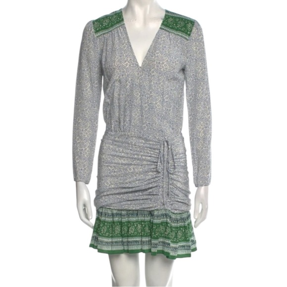 VERONICA BEARD Silk Dress w/ Ruched Skirt in Gray/Green Accents Size 2 - Picture 1 of 9